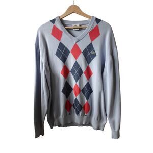 Vintage Lacoste Sweater Mens XL Baby Blue Red Argyle Preppy Retro Light Academia